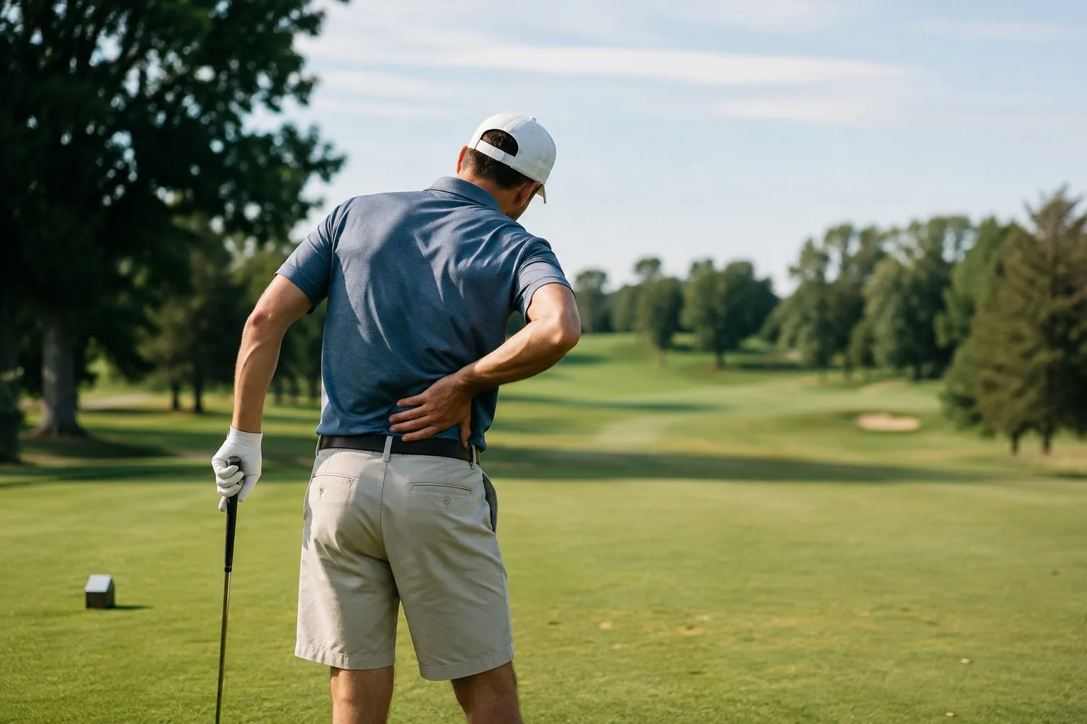Golfer holding their lower back on the course